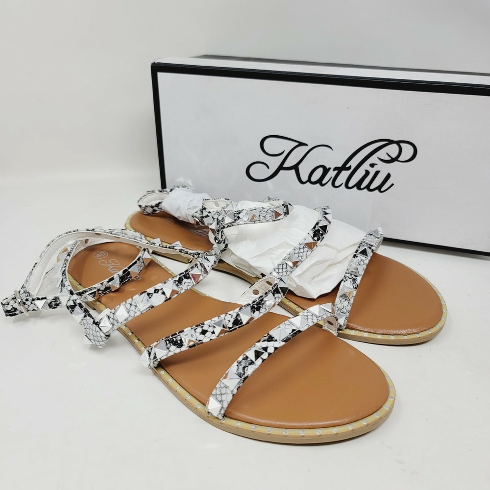 Katliu Women's Sandals Sz 9 M Flat Strappy Studded Rhinestone Gladiator